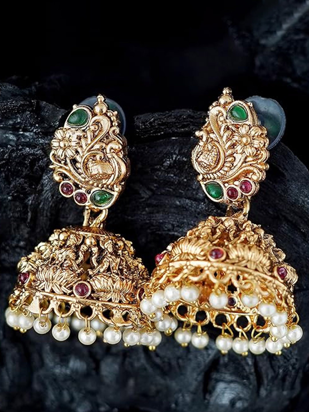 

MANSIYAORANGE Gold-Plated Peacock Shaped Temple Jhumkas Earrings