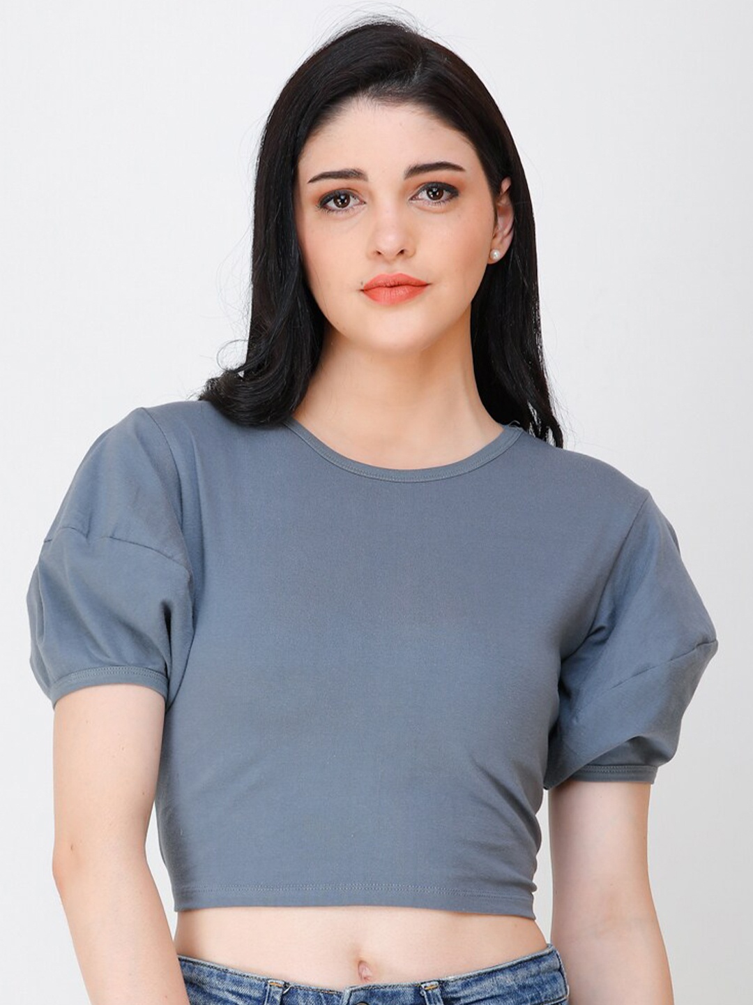 

Cation Grey Puff Sleeves Fitted Cotton Crop Top