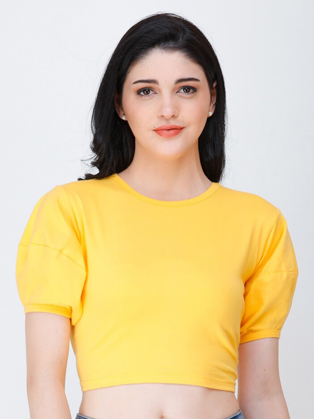 

Cation Yellow Puff Sleeve Cotton Crop Top