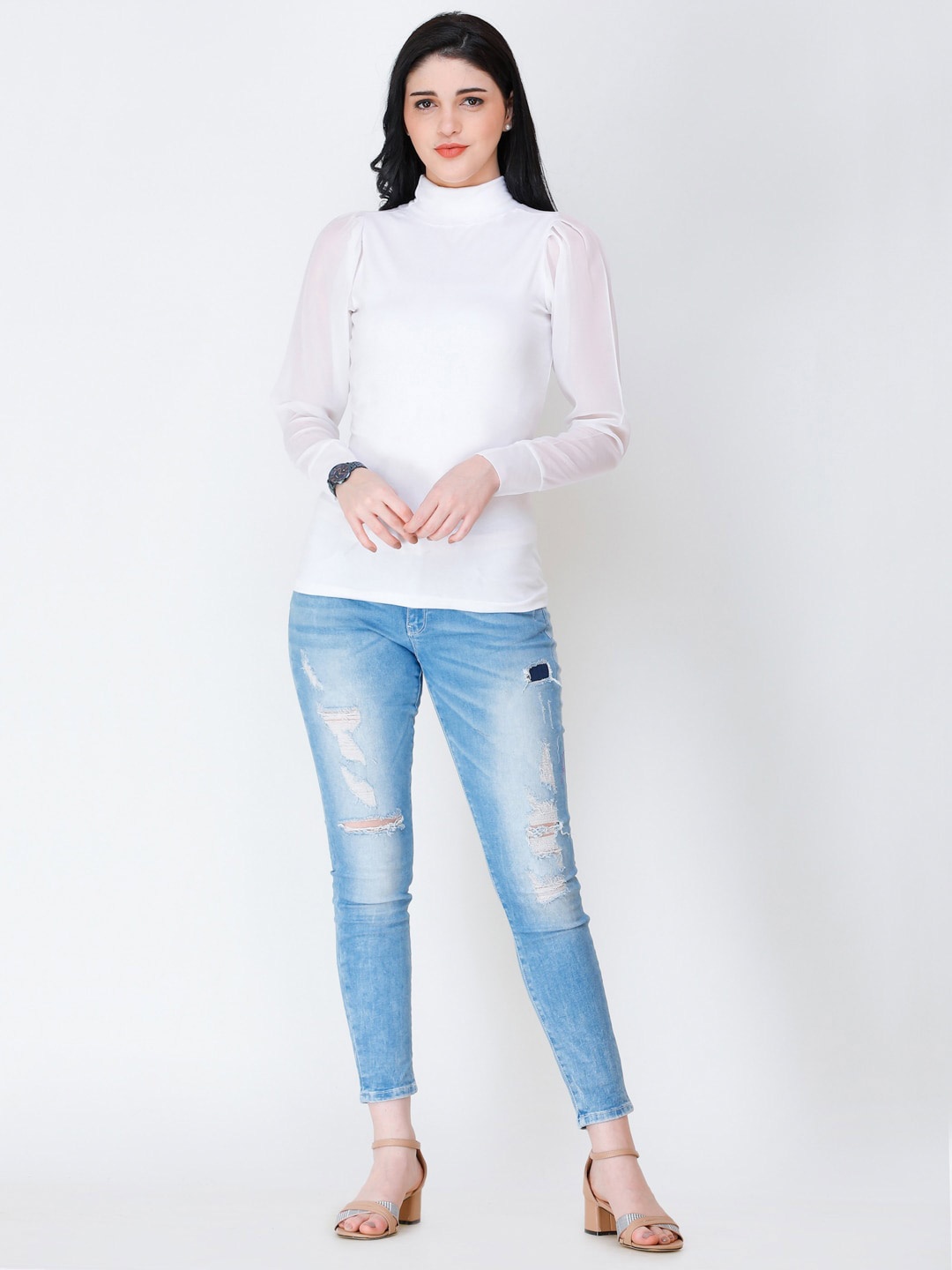 

Cation White High Neck Puff Sleeve Fitted Cotton Top