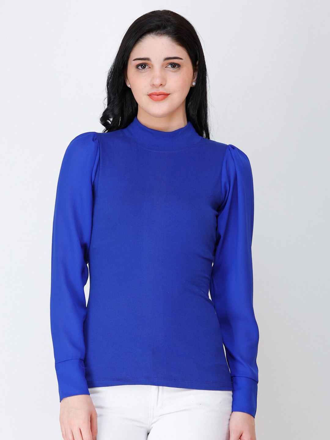 

Cation Blue High Neck Puff Sleeve Fitted Cotton Top