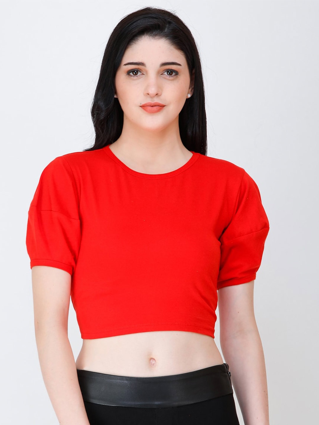 

Cation Red Puff Sleeves Fitted Cotton Crop Top