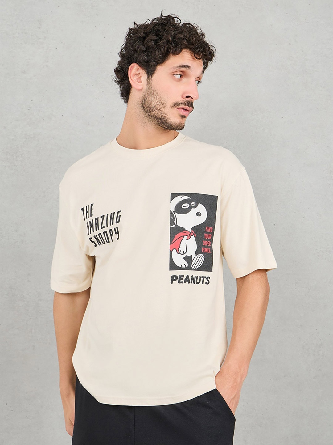 

Styli Men Peanut Graphic Print Oversized Fit T-Shirt, Cream