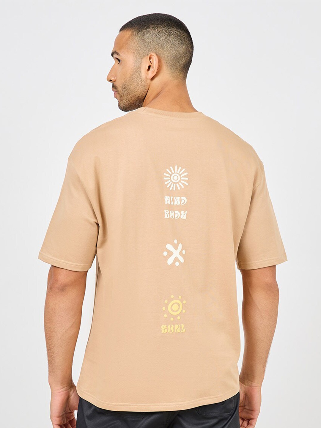 

Styli Mind Body Soul Puff Back & Front Print Oversized Terry T-shirt, Beige