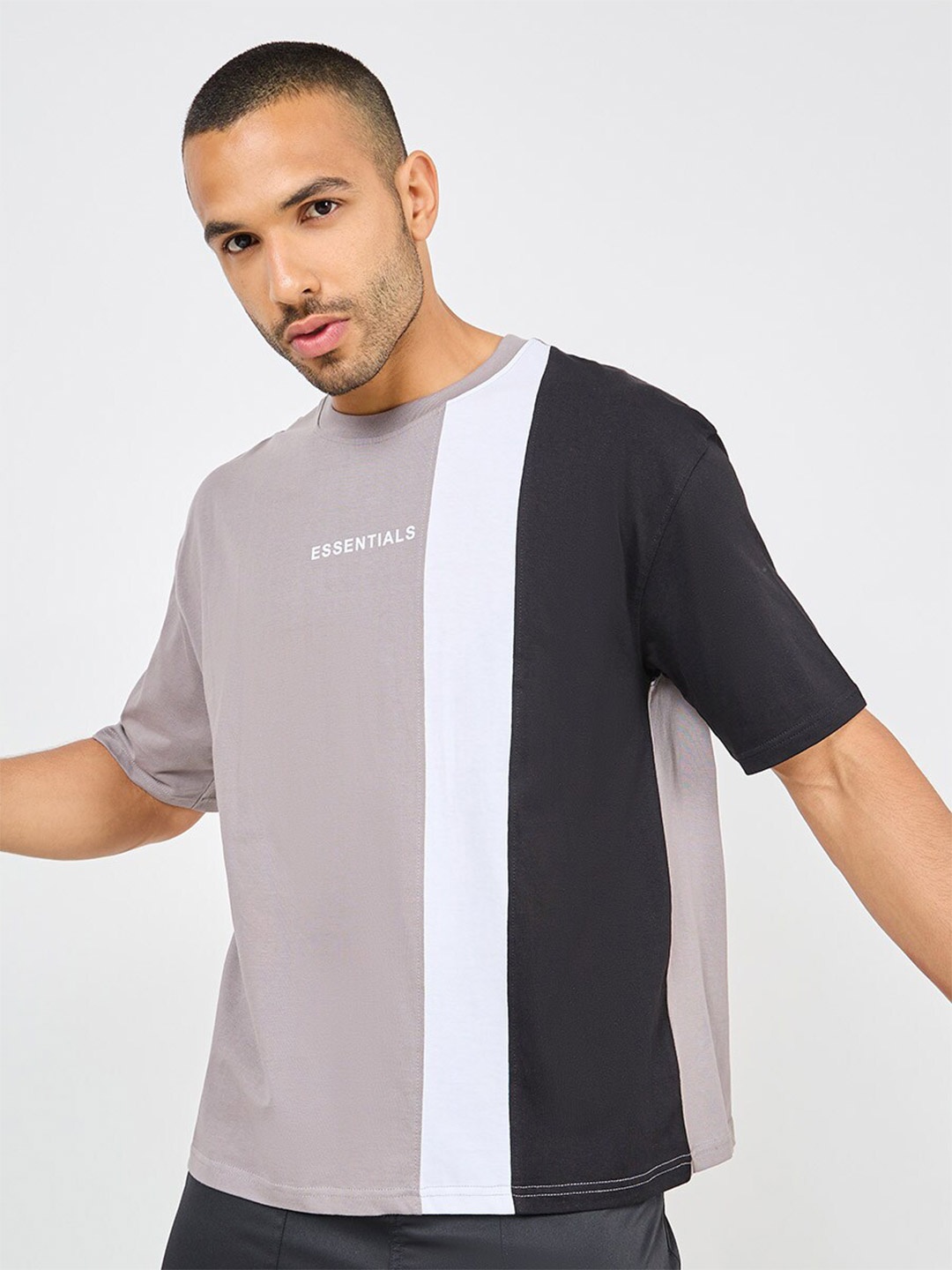 

Styli Essential Print Colourblocked Oversized T-shirt, Grey