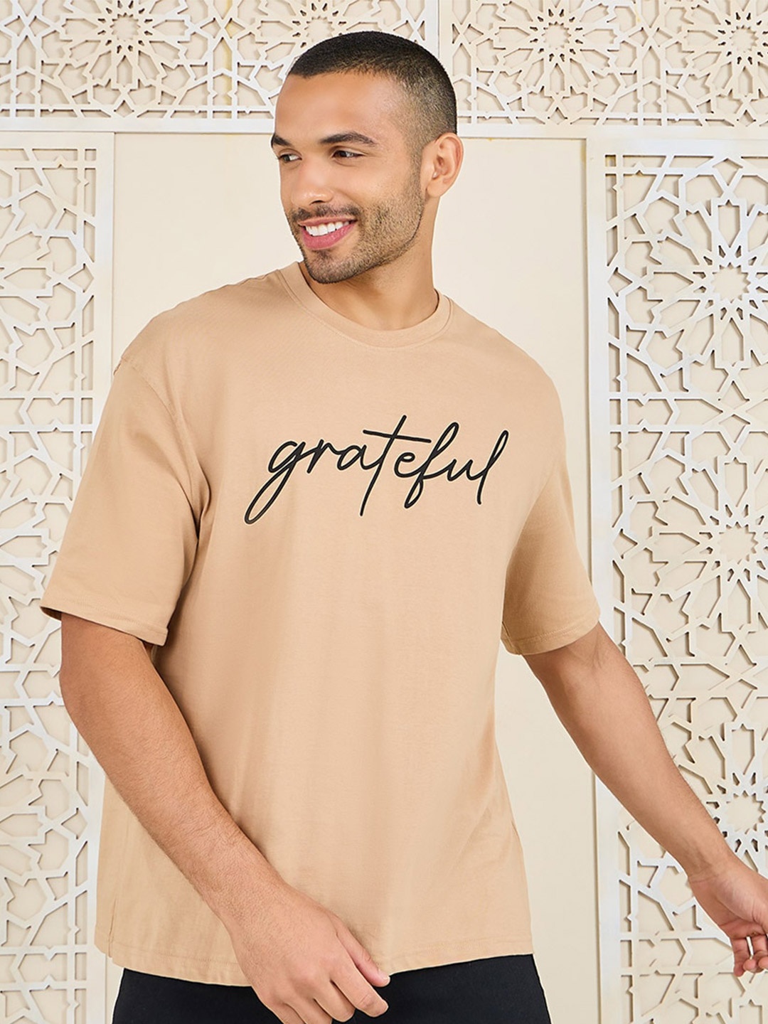 

Styli Grateful Chest Text Print Oversized T-Shirt, Beige