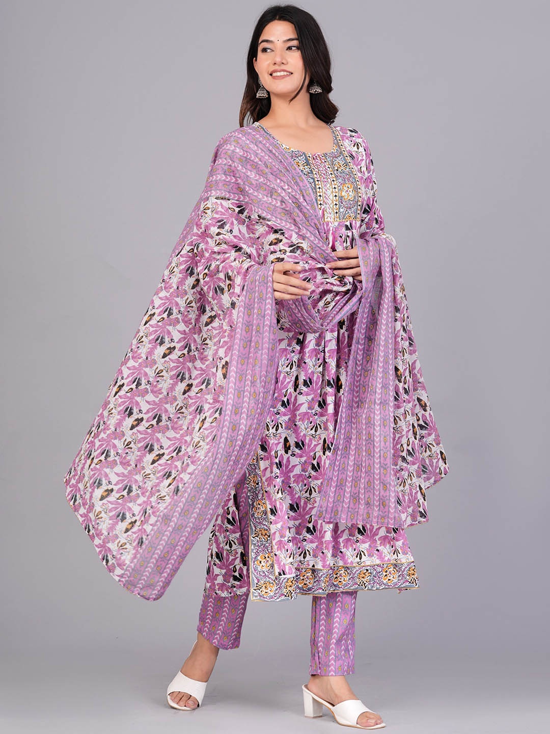 

KALINI Floral Printed Regular Gotta Patti Kurta With Trousers & Dupatta, Purple