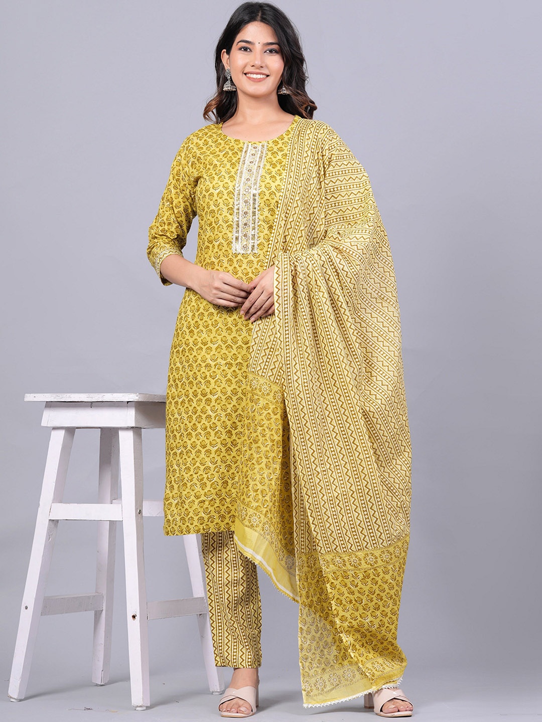 

KALINI Floral Printed Straight Kurta with Trousers & Dupatta, Mustard