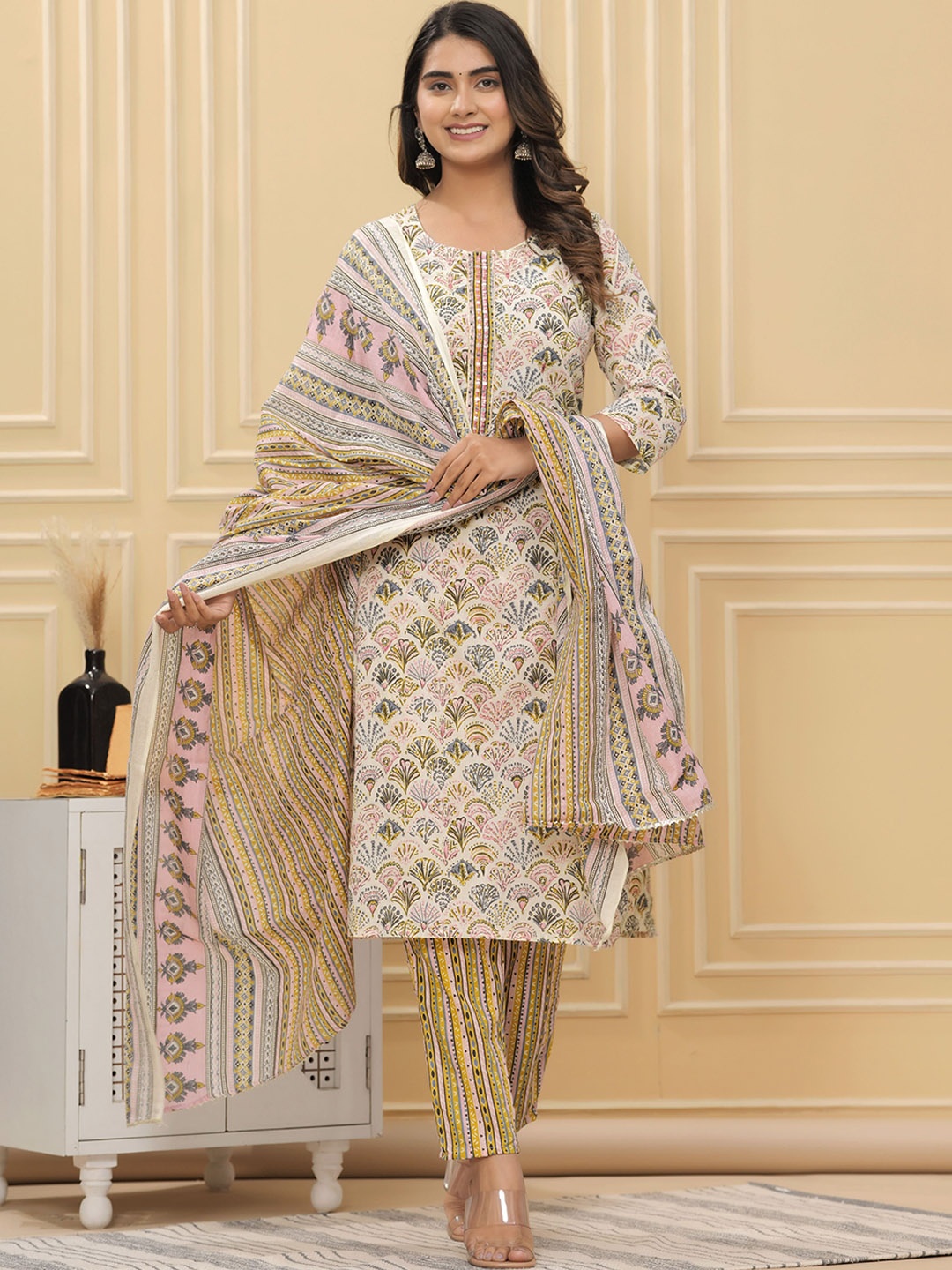 

KALINI Ethnic Motifs Printed Straight Kurta & Trouser With Dupatta, Beige