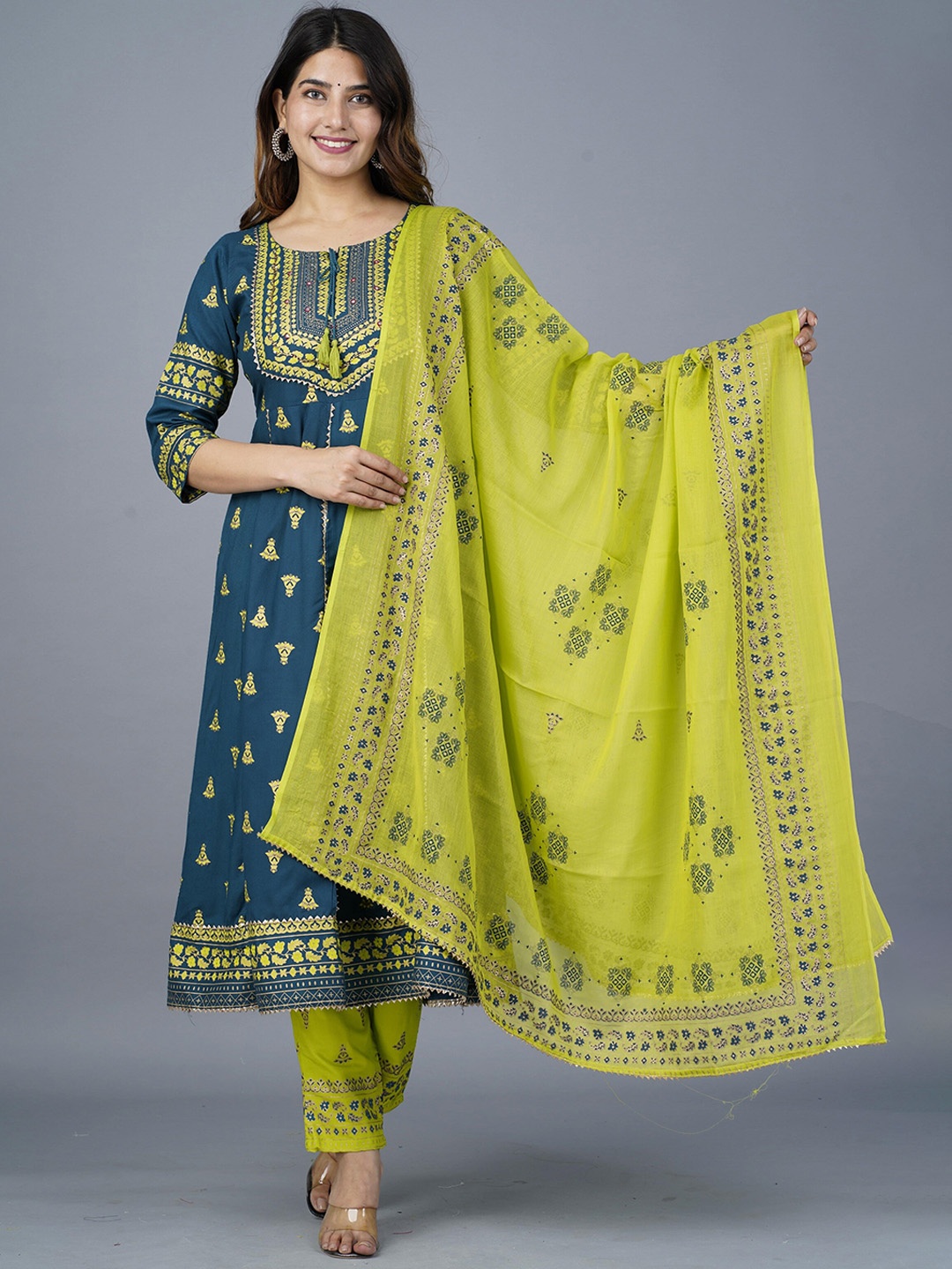 

KALINI Floral Printed Tie Up Neck Anarkali Kurta with Trousers & Dupatta, Blue