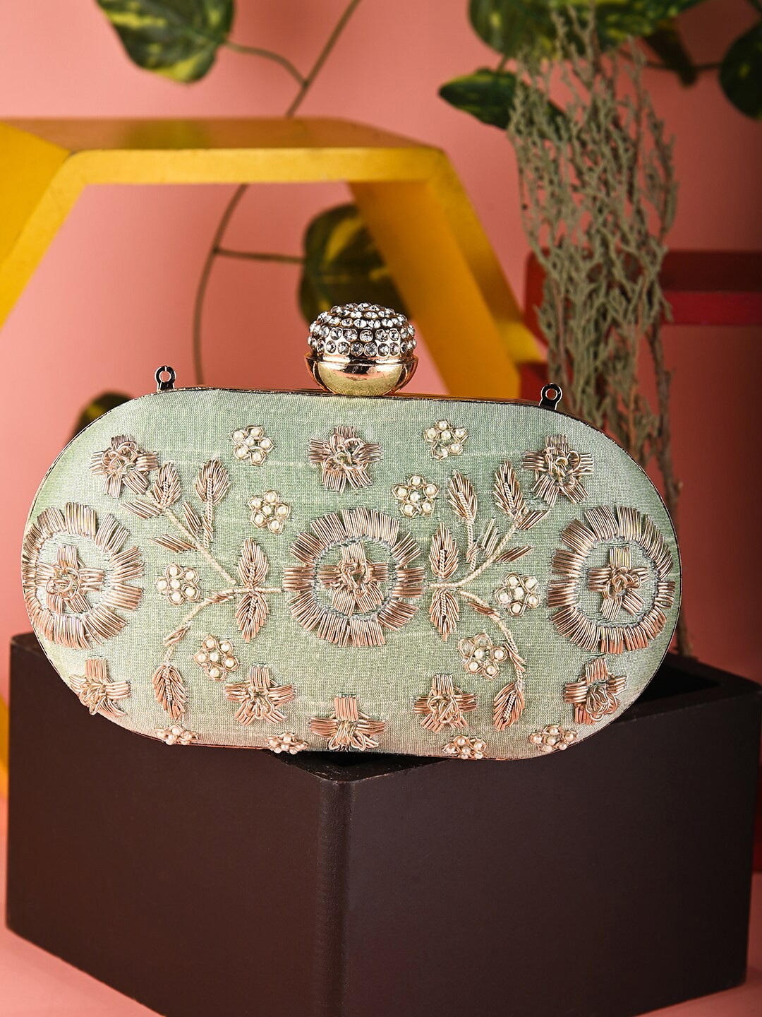 

Anouk Floral Embroidered Box Clutch, Green