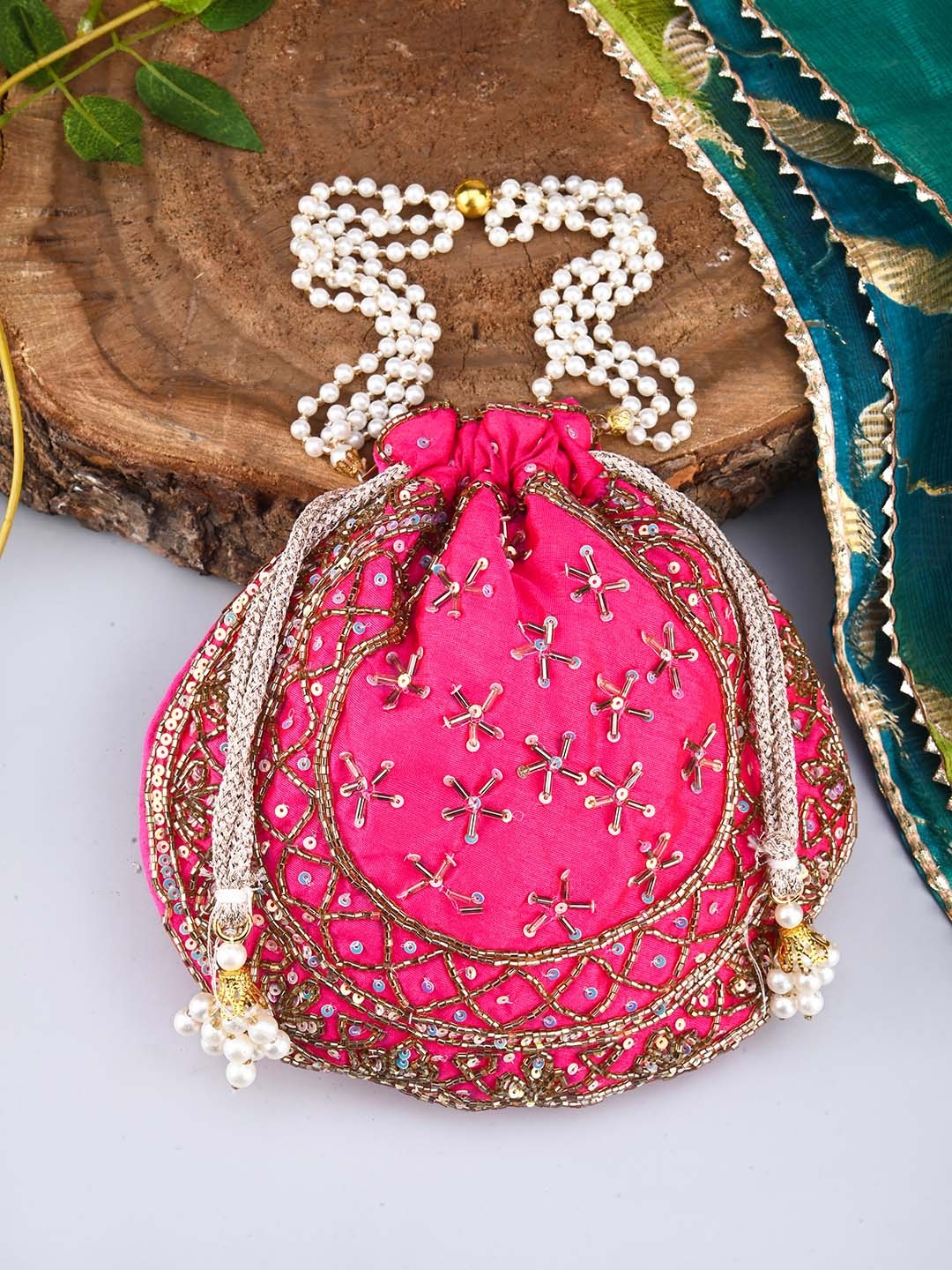 

Anouk Pink Embroidered Embellished Potli Clutch