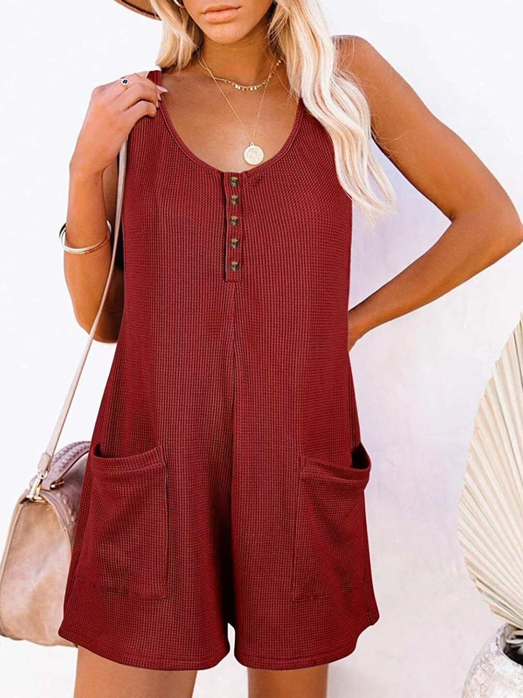 

Stylecast X KPOP Burgundy Self Designed Round Neck Playsuit