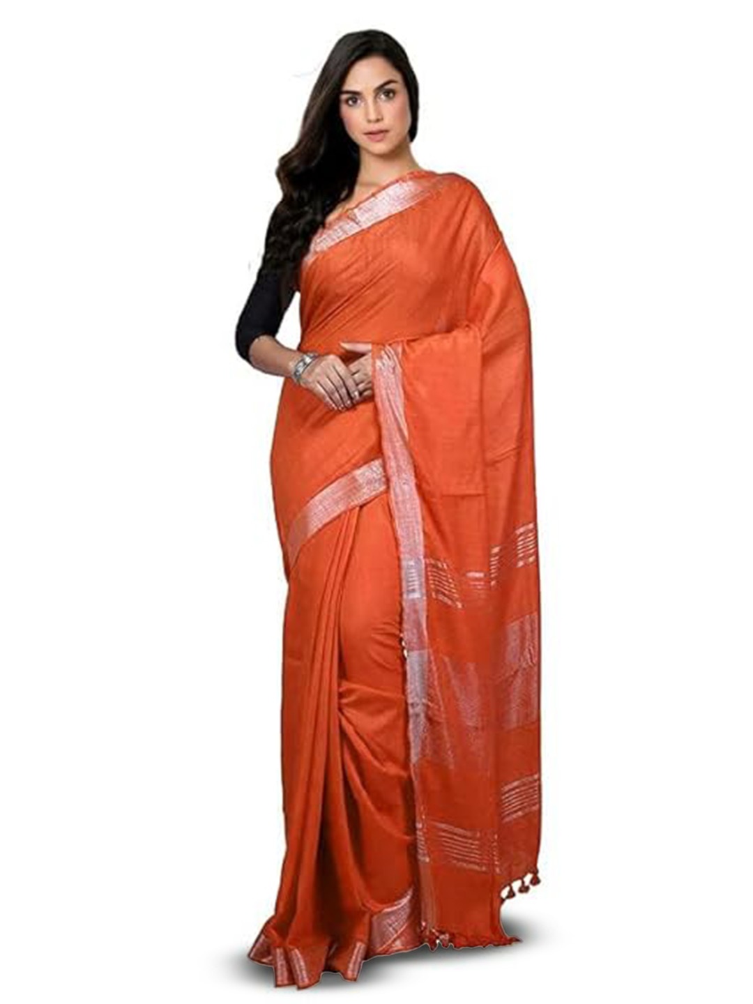 

INDIA SILK PWCS LTD Zari Pure Cotton Bhagalpuri Saree, Orange