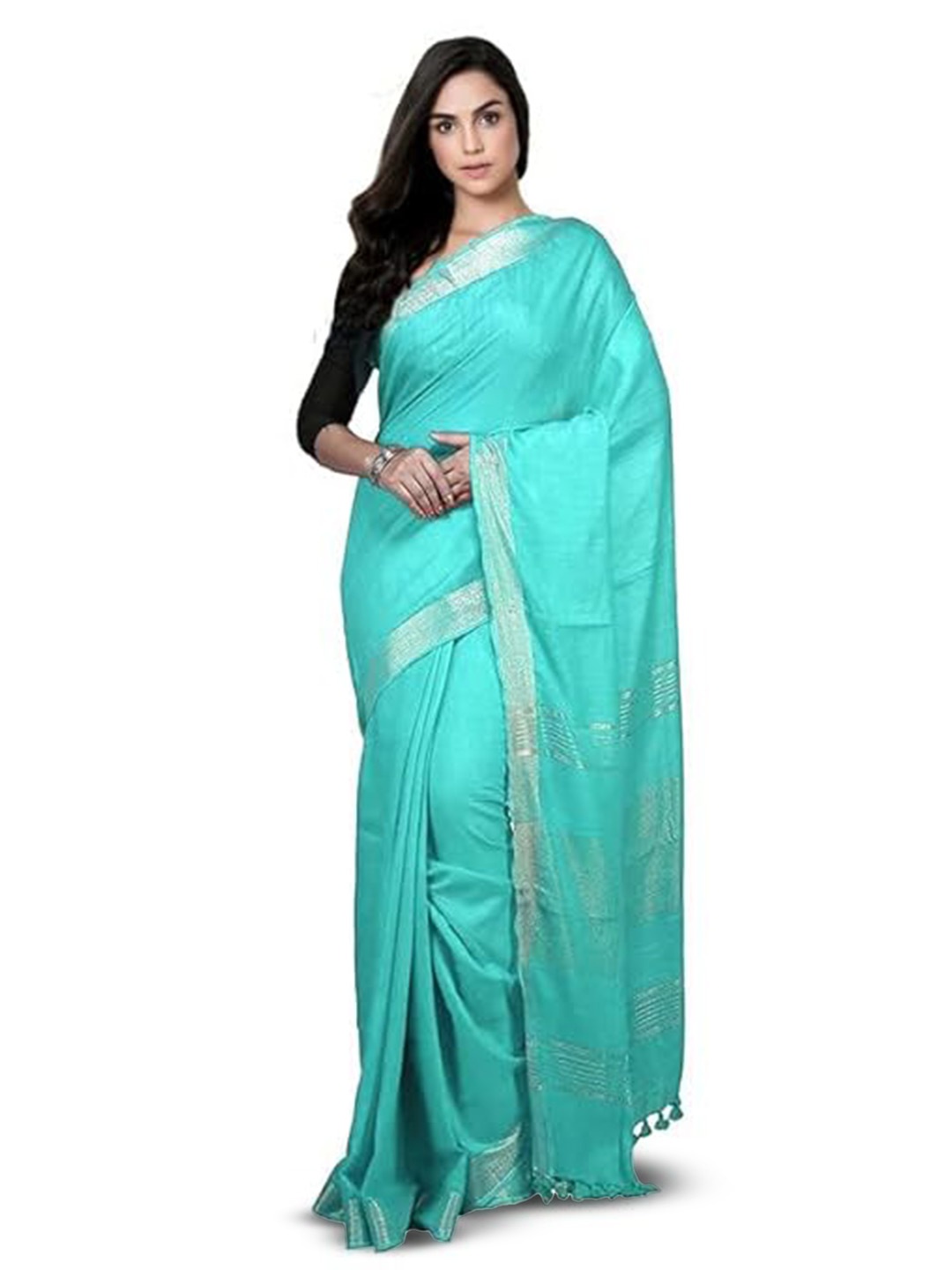 

INDIA SILK PWCS LTD Zari Pure Cotton Bhagalpuri Saree, Turquoise blue