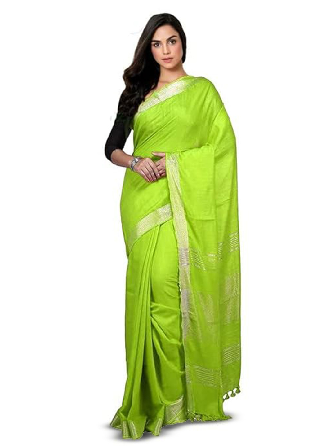 

INDIA SILK PWCS LTD Zari Pure Cotton Bhagalpuri Saree, Fluorescent green