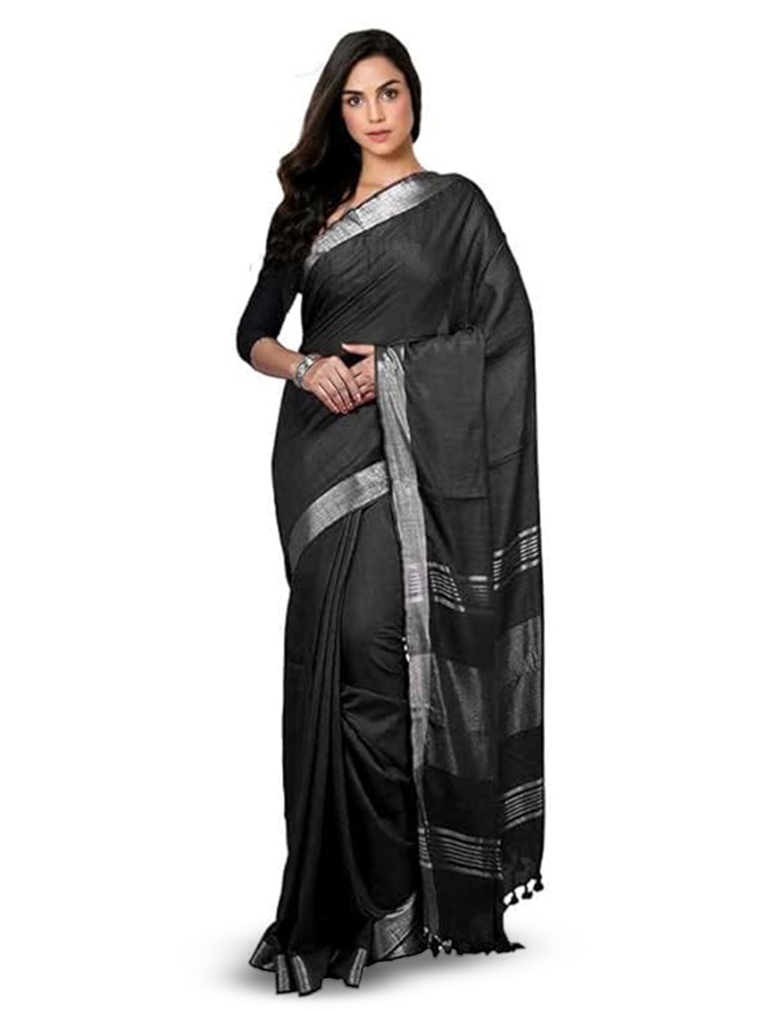 

INDIA SILK PWCS LTD Zari Pure Cotton Bhagalpuri Saree, Black