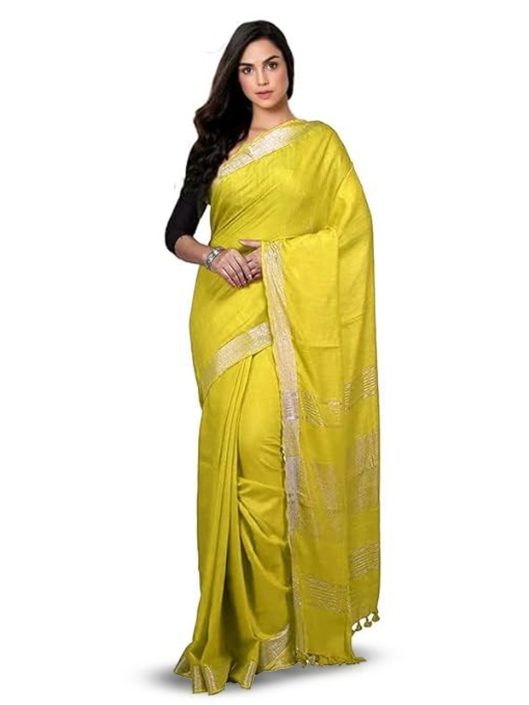 

INDIA SILK PWCS LTD Zari Pure Cotton Bhagalpuri Saree, Yellow