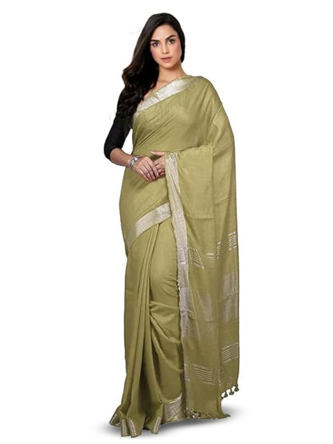 

INDIA SILK PWCS LTD Zari Pure Cotton Bhagalpuri Saree, Khaki