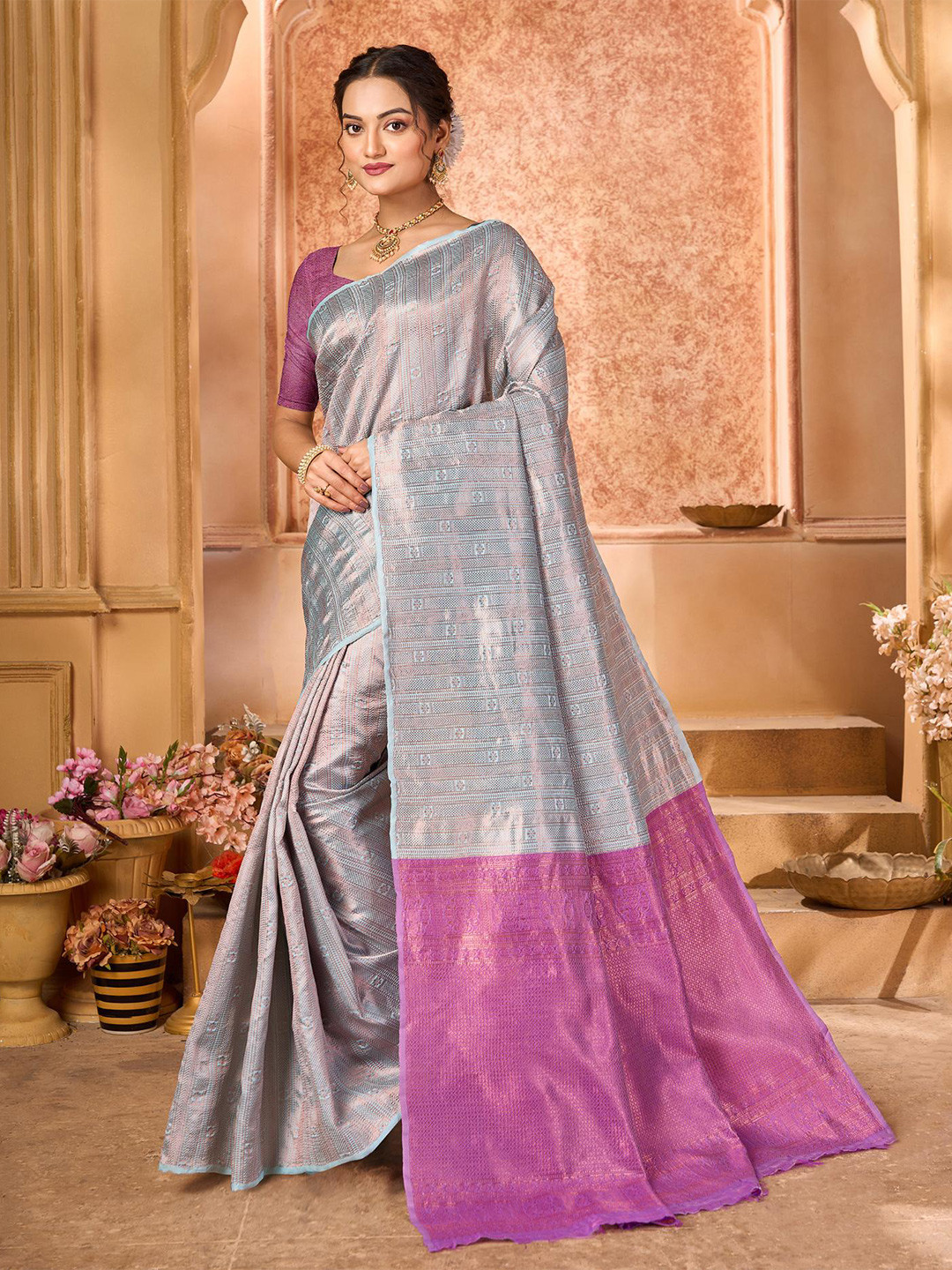 

KALINI Woven Design Zari Pure Silk Banarasi Saree, Silver