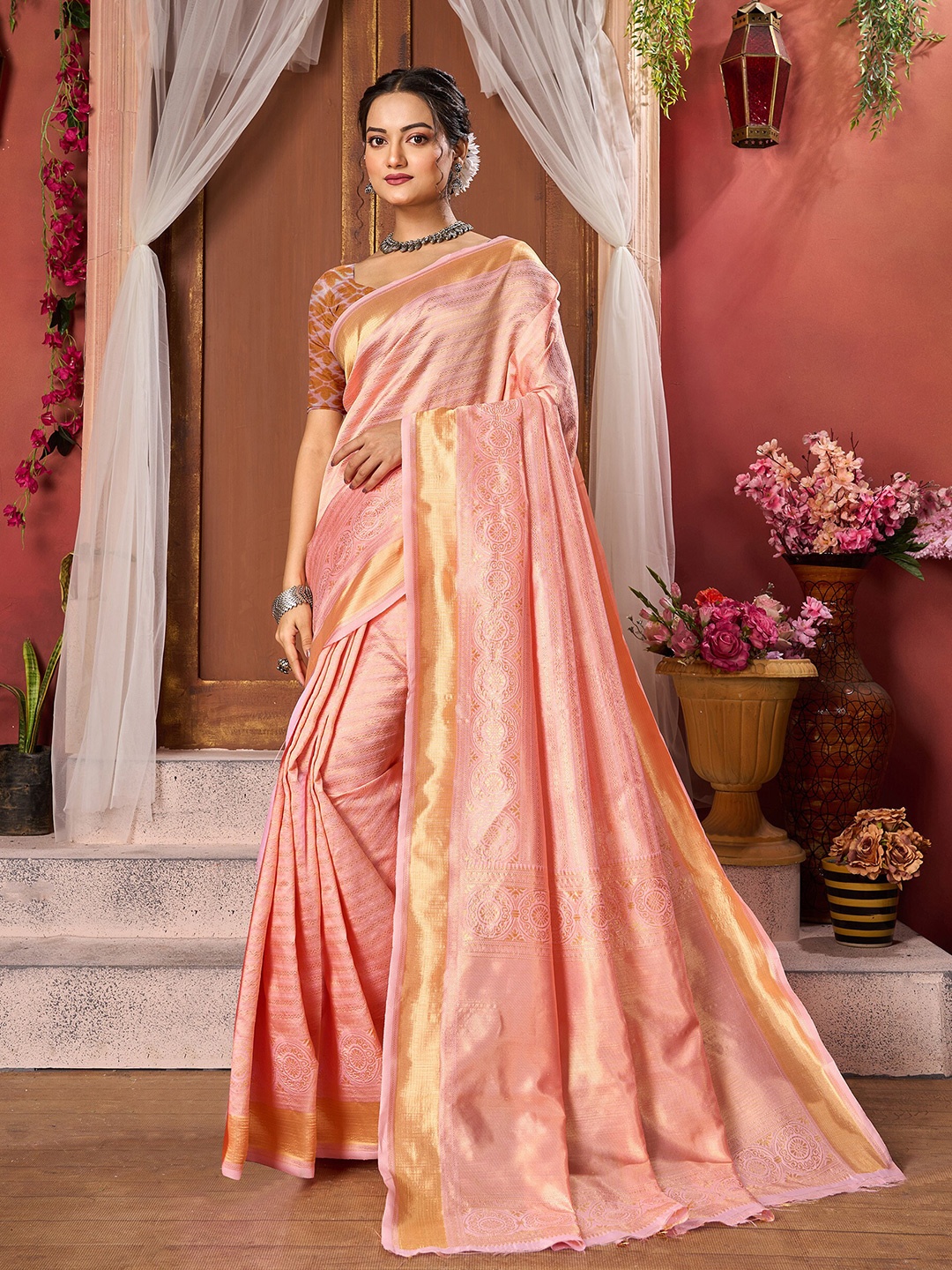 

KALINI Woven Design Zari Pure Silk Designer Banarasi Saree, Pink
