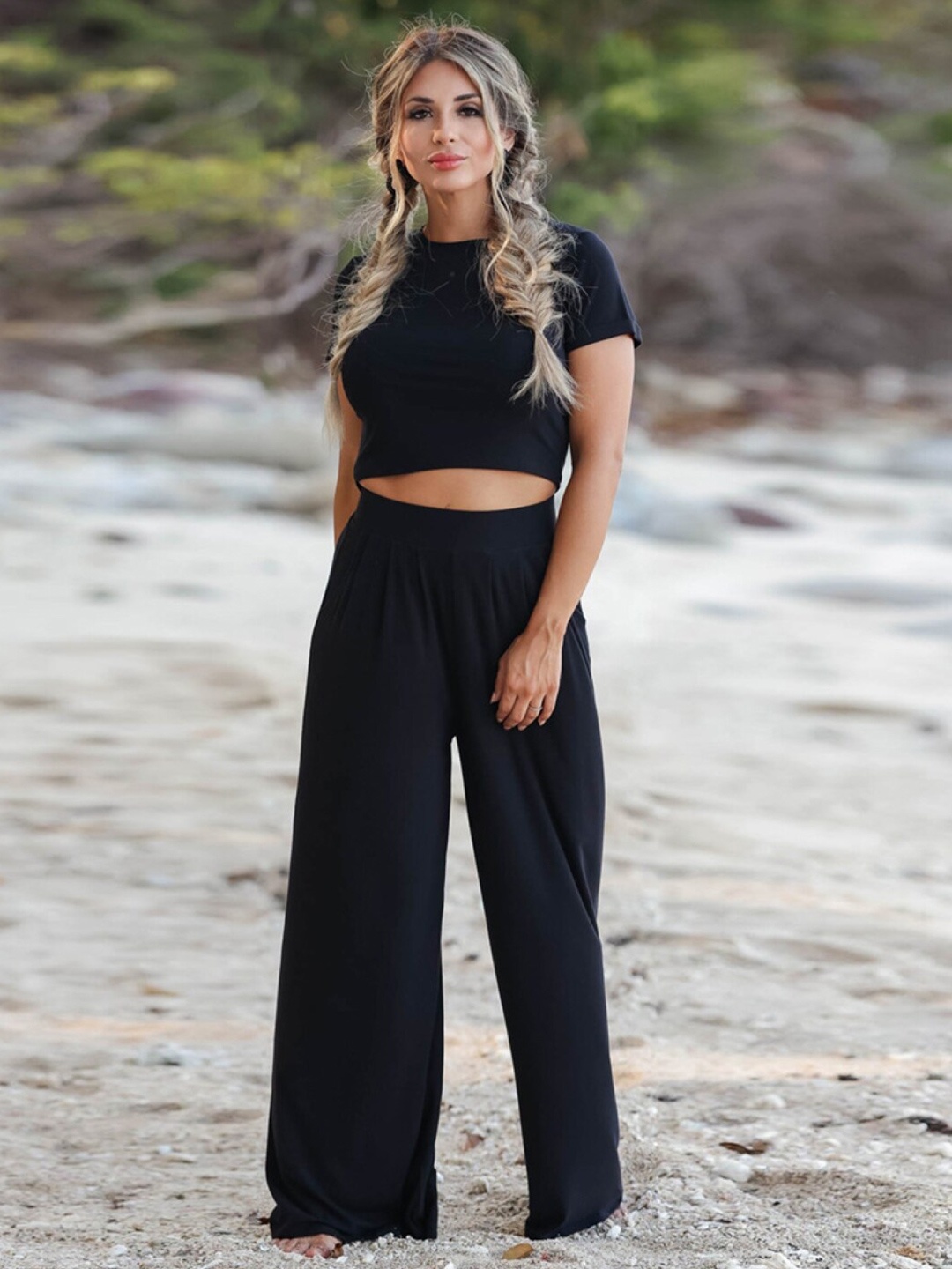 

Stylecast X KPOP Black Round Neck Crop Top With Palazzos Co-Ords