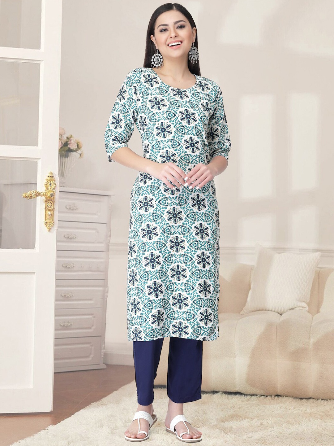 

7Threads Ethnic Motifs Printed Regular Kurta With Trousers, Green