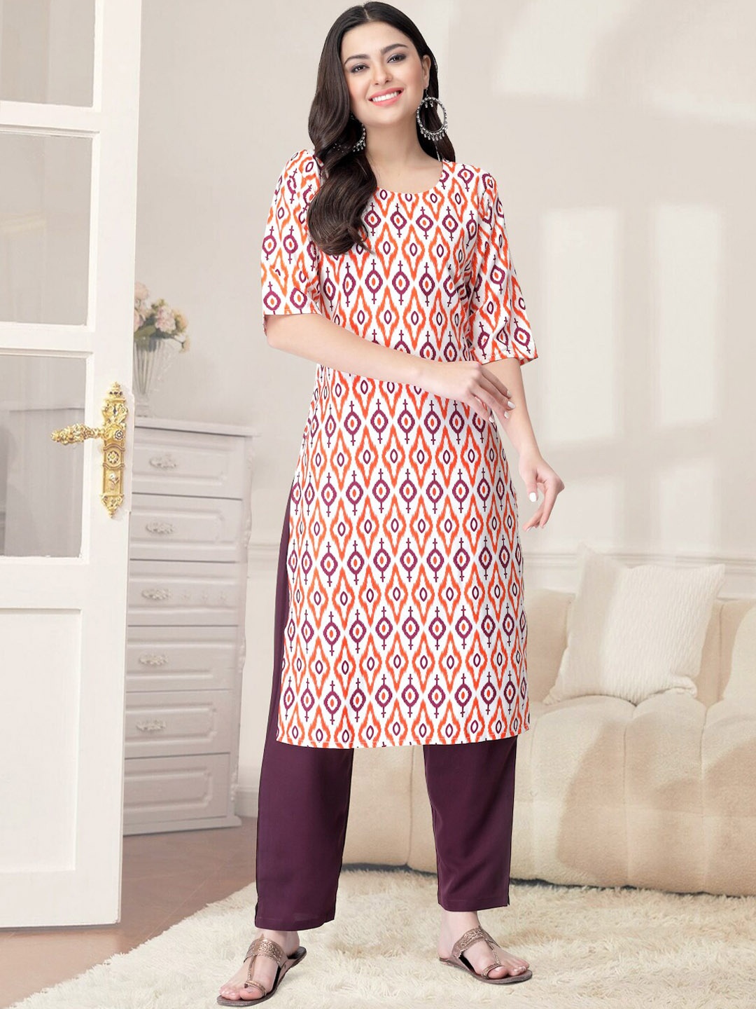 

7Threads Ethnic Motifs Printed Straight Kurta with Trousers, White