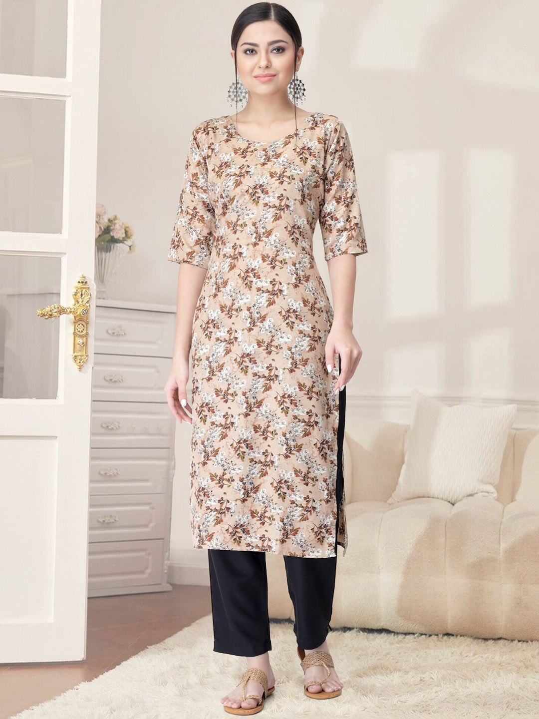 

7Threads Ethnic Motifs Printed Regular Kurta With Trousers, Beige