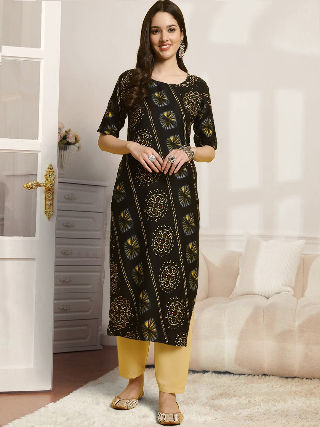 

7Threads Ethnic Motifs Printed Kurta With Trouser, Black