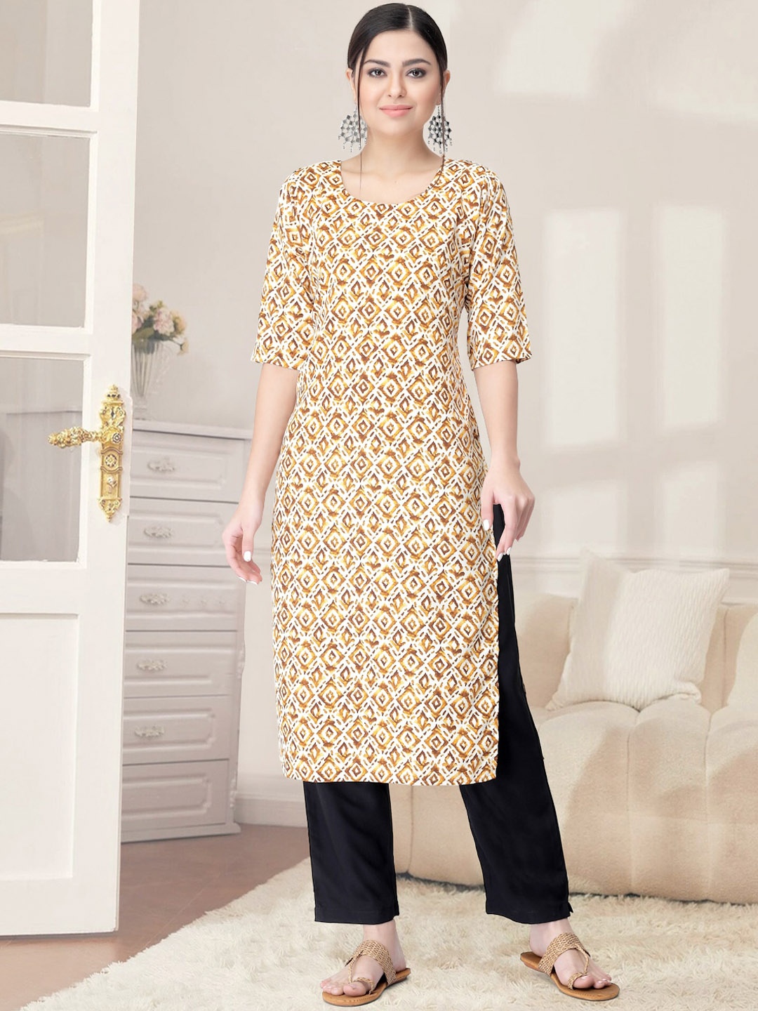 

7Threads Ethnic Printed Regular Straight Kurta with Trousers, Beige