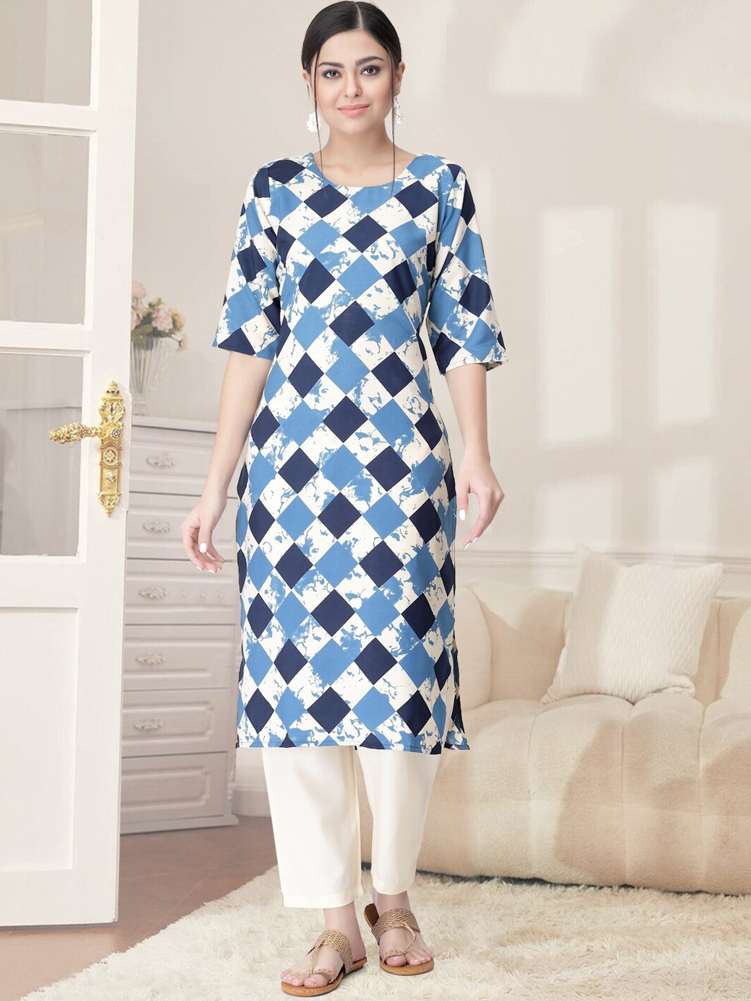 

7Threads Ethnic Motifs Printed Regular Straight Kurta with Trousers, Blue