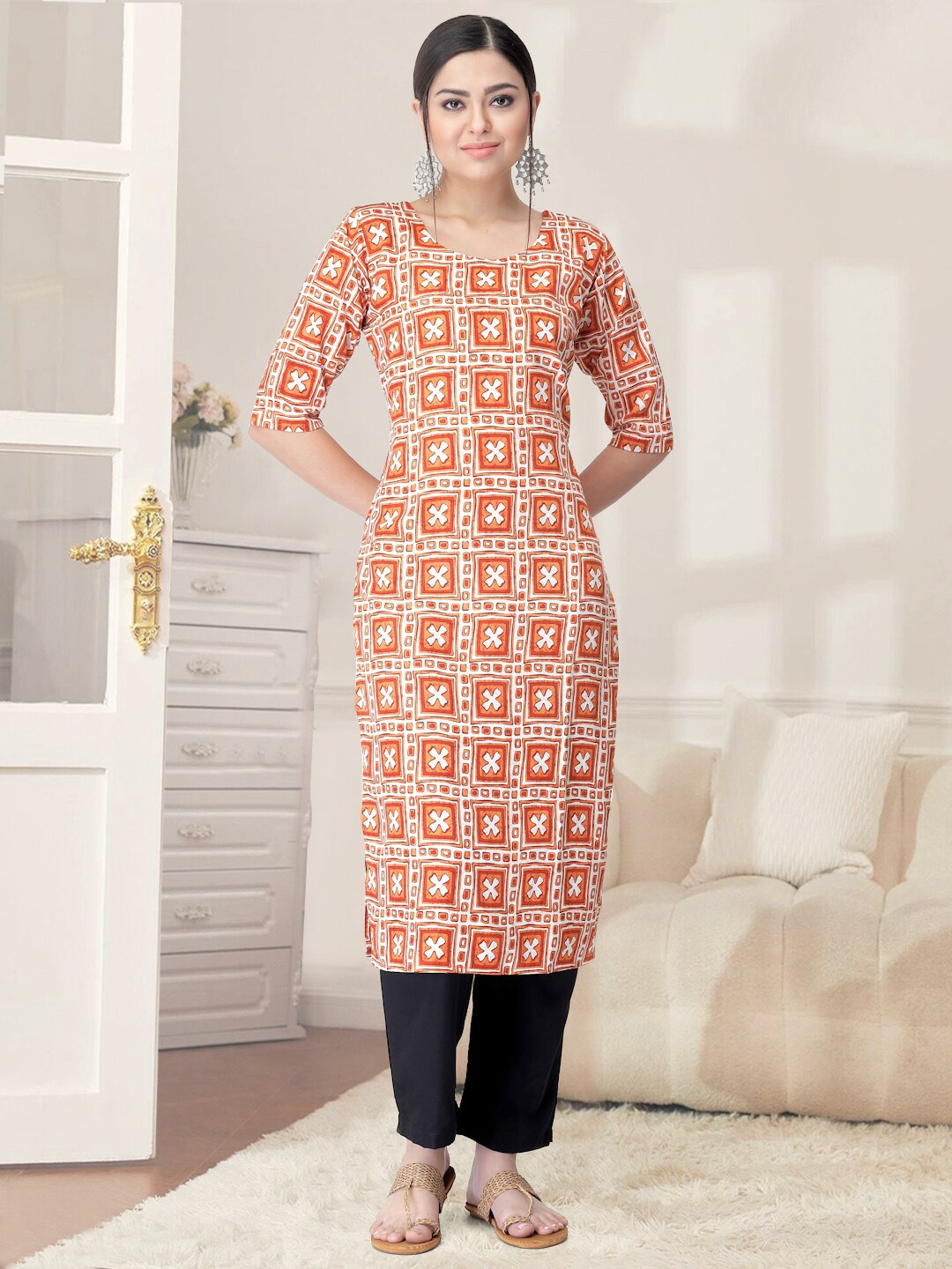 

7Threads Ethnic Motifs Printed Regular Kurta With Trousers, Orange