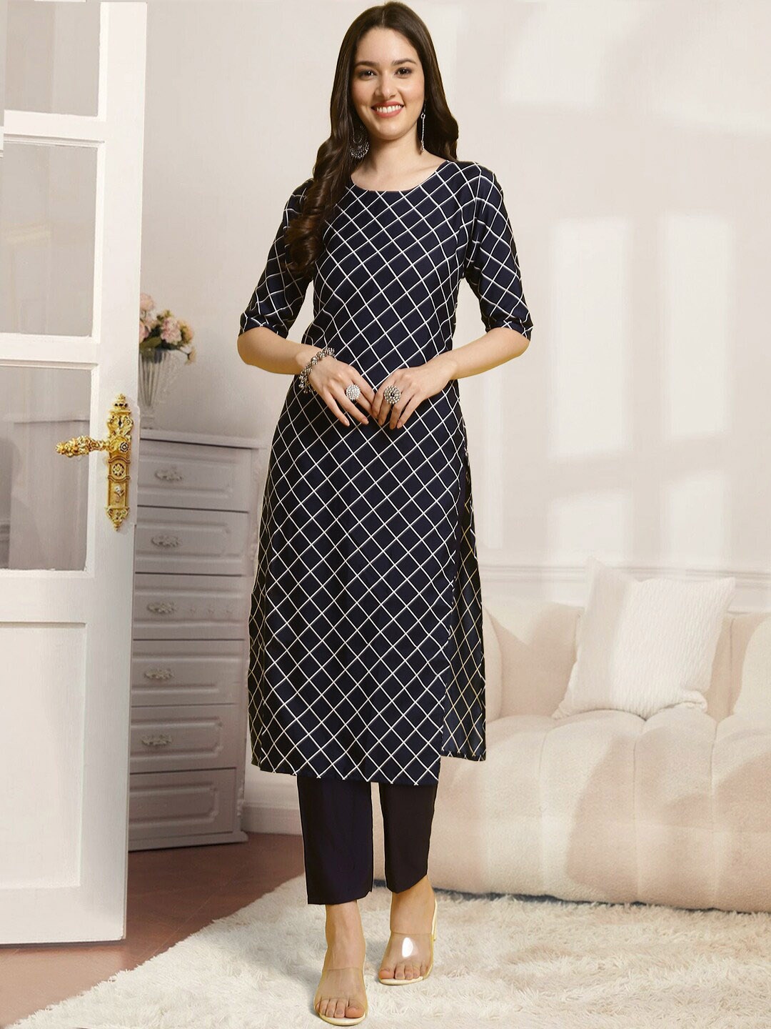 

7Threads Printed Regular Kurta with Trousers, Blue