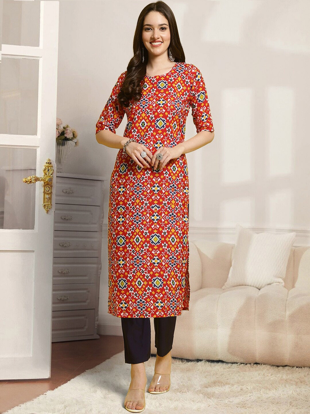 

7Threads Ethnic Motifs Printed Kurta With Trouser, Orange