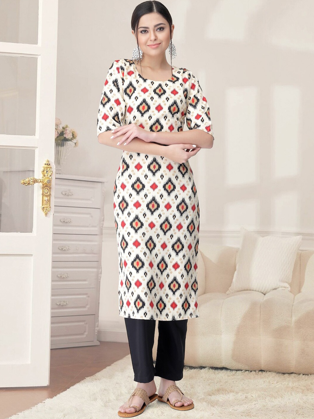 

7Threads Ethnic Motifs Printed Straight Kurta with Trouser, White
