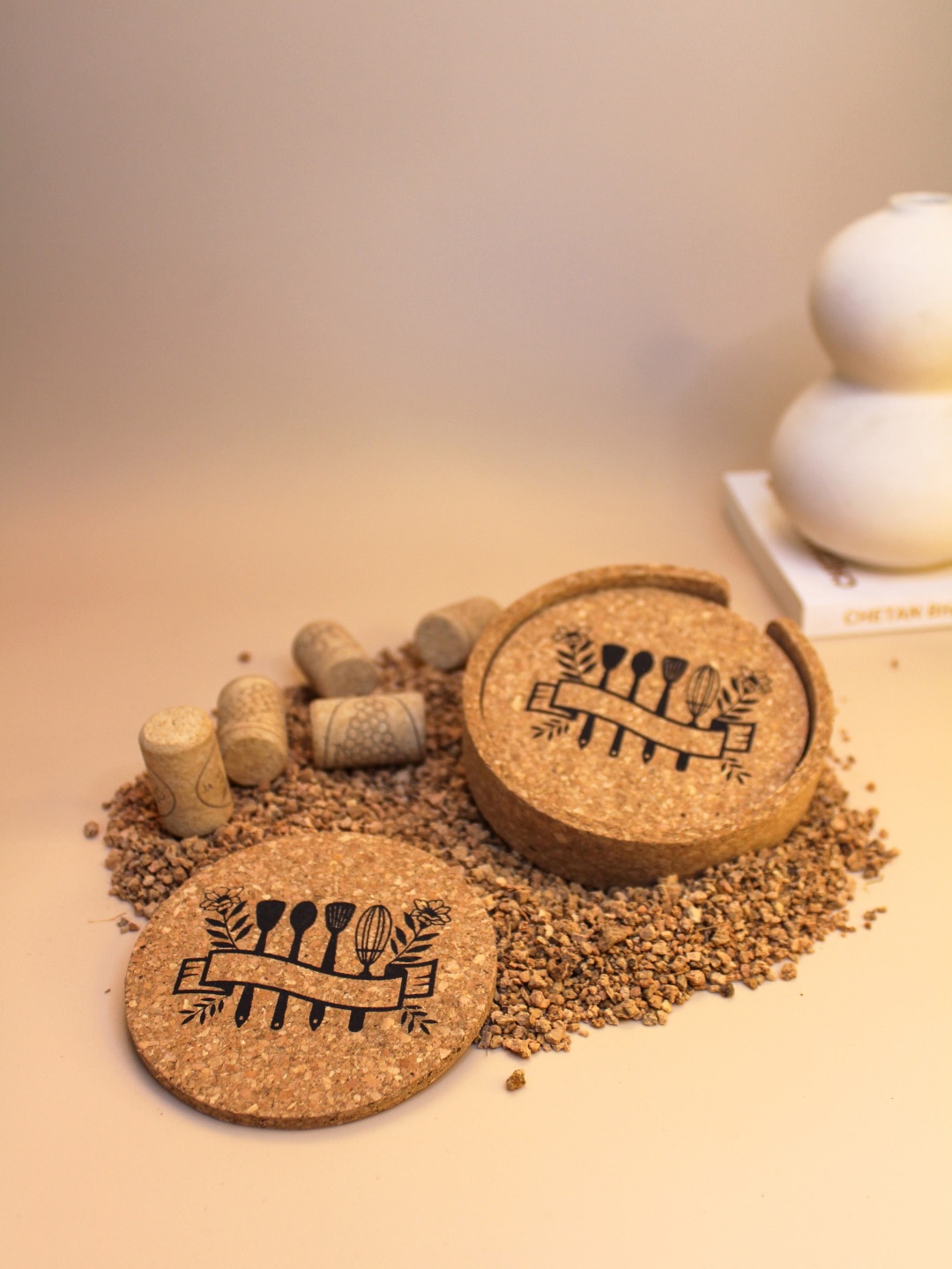 

Raw Yarns Beige 4 Pieces Printed Round Shaped Coaster