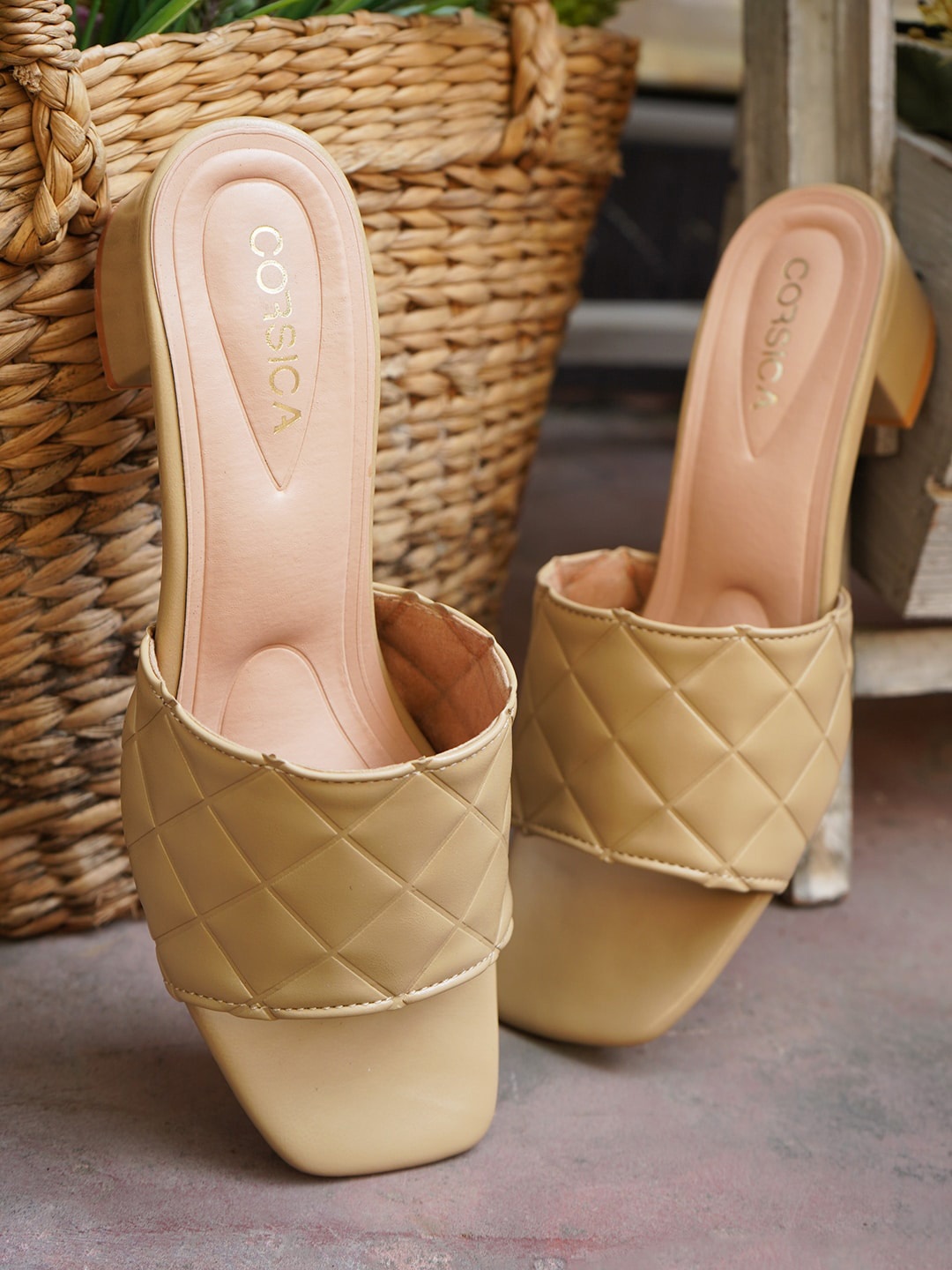 

CORSICA Textured Open Toe Block Heels, Beige