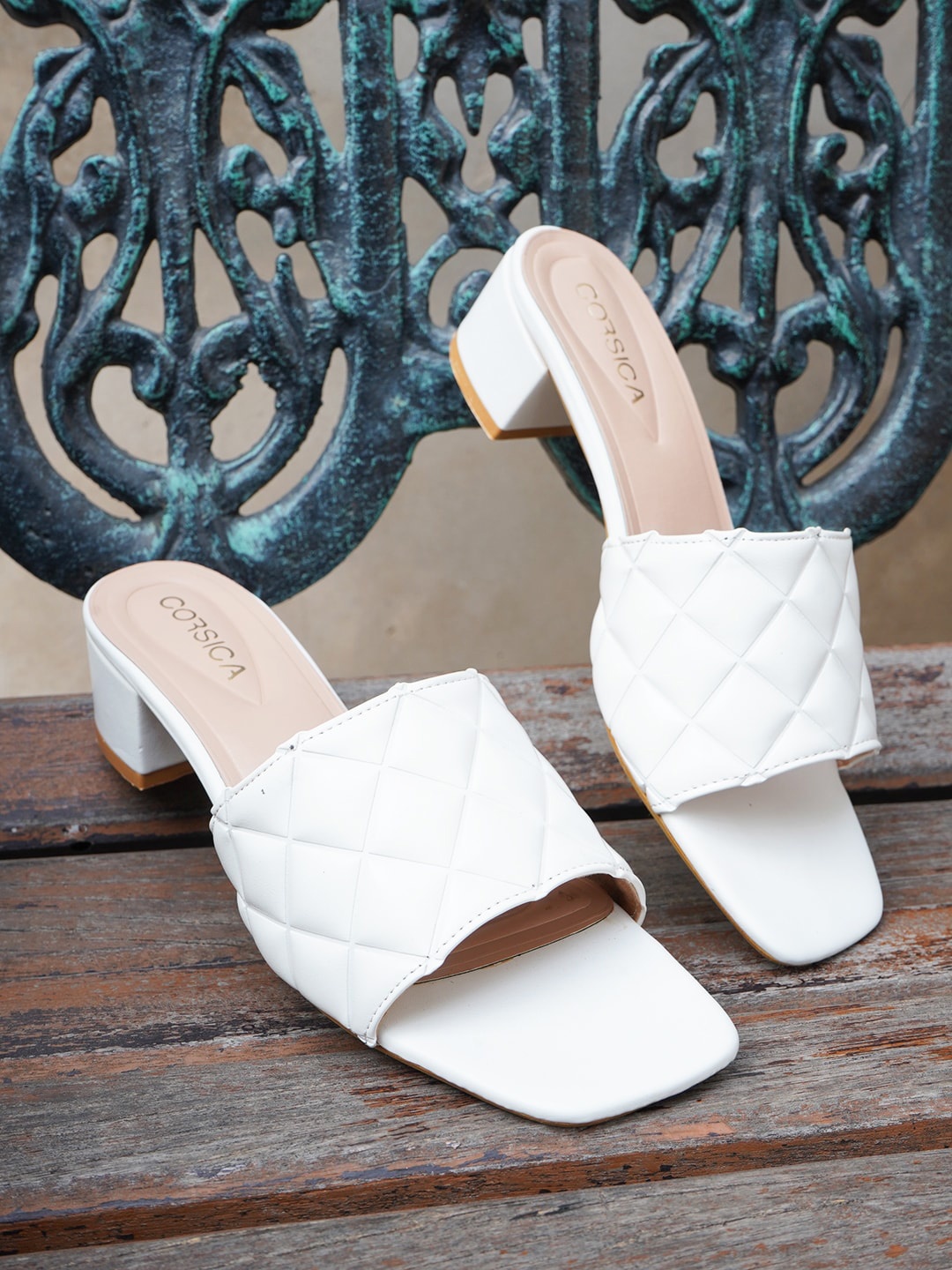 

CORSICA Textured Open Toe Block Heels, White
