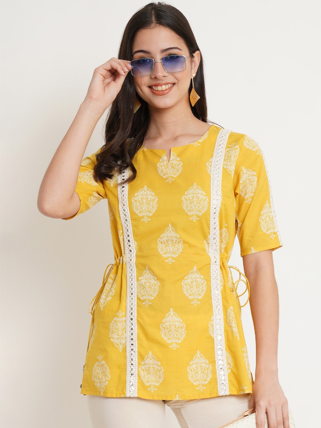 

COTLAND FASHION Ethnic Motifs Printed Mirror Work Tie Up Cotton Top, Yellow