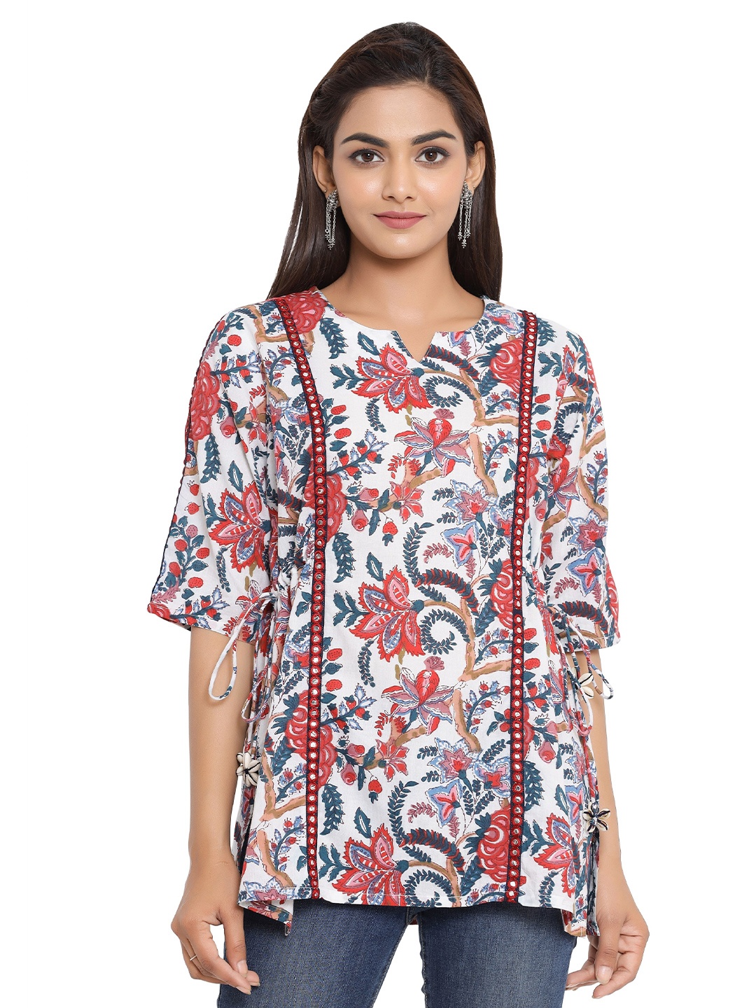 

COTLAND FASHION Floral Printed Mirror Work Cotton Top, White