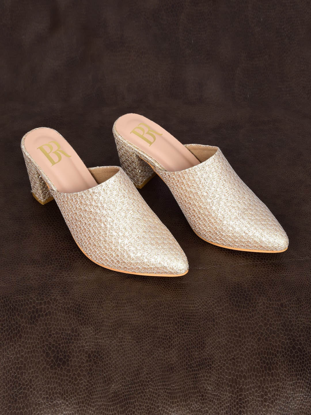 

Bella Rosa Embellished Pointed Toe Block Heeled Mules, Rose gold