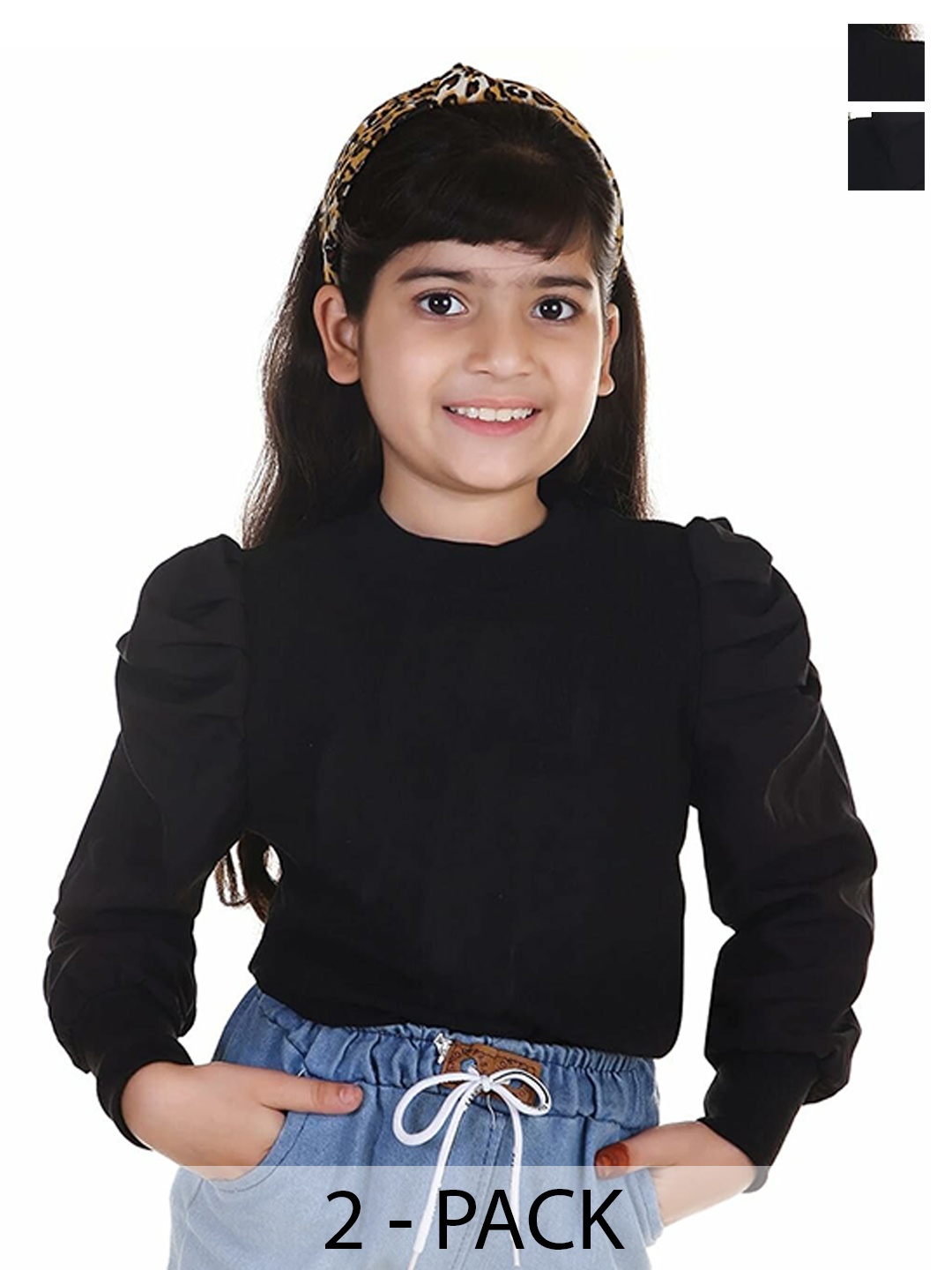 

BAESD Girls Pack Of 2 Vertical Striped Puff Sleeves Tops, Black