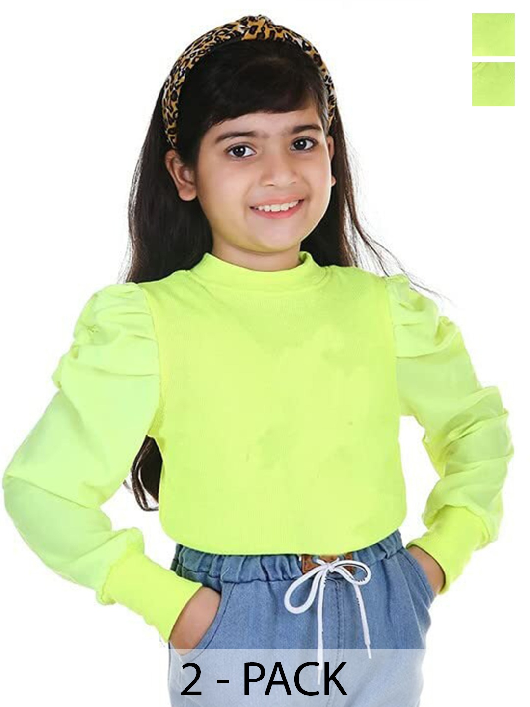 

BAESD Girls Pack of 2 High Neck Puff Sleeves Top, Green