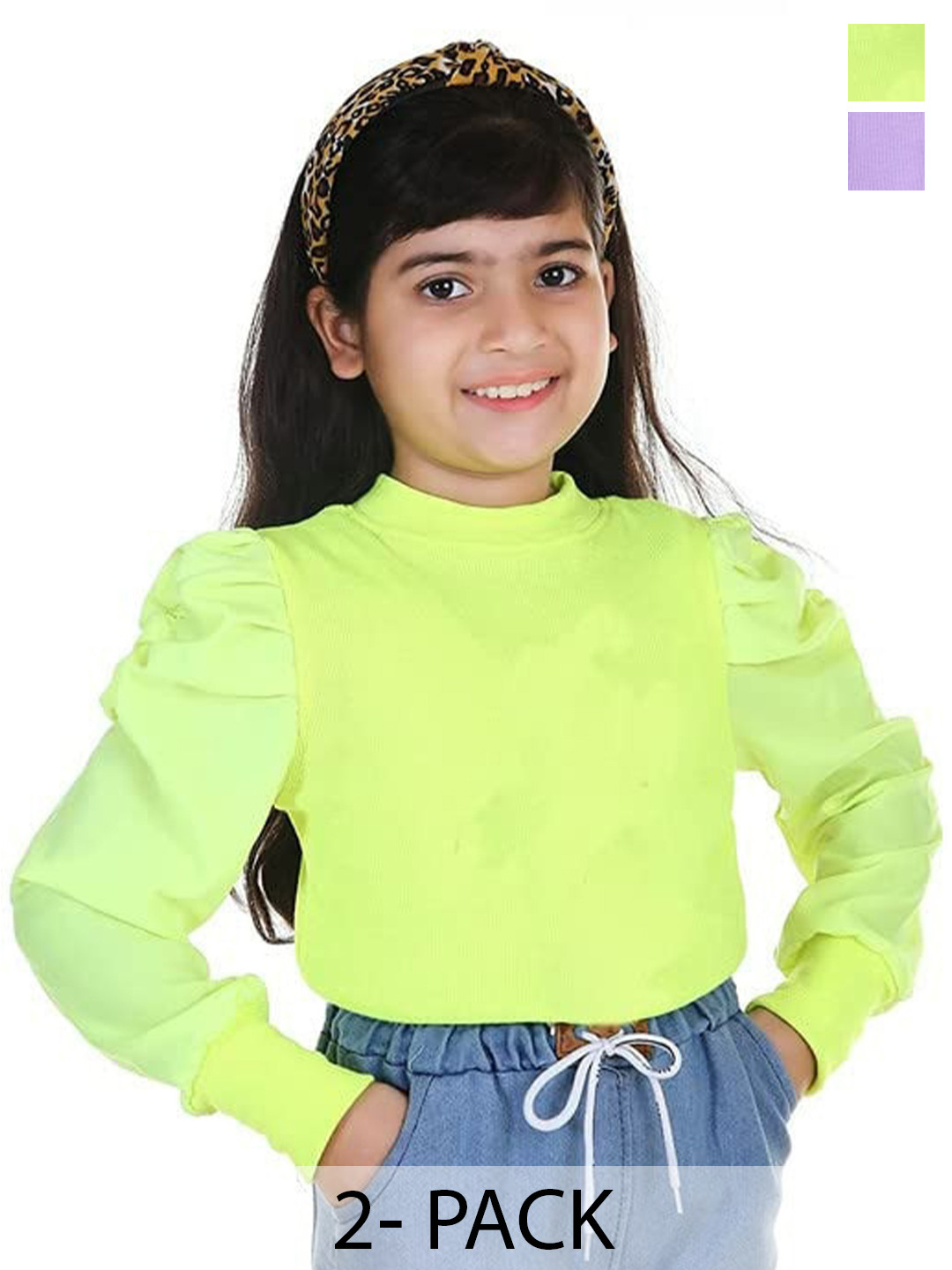 

BAESD Girls Pack Of 2 Puff Sleeves Regular Tops, Green