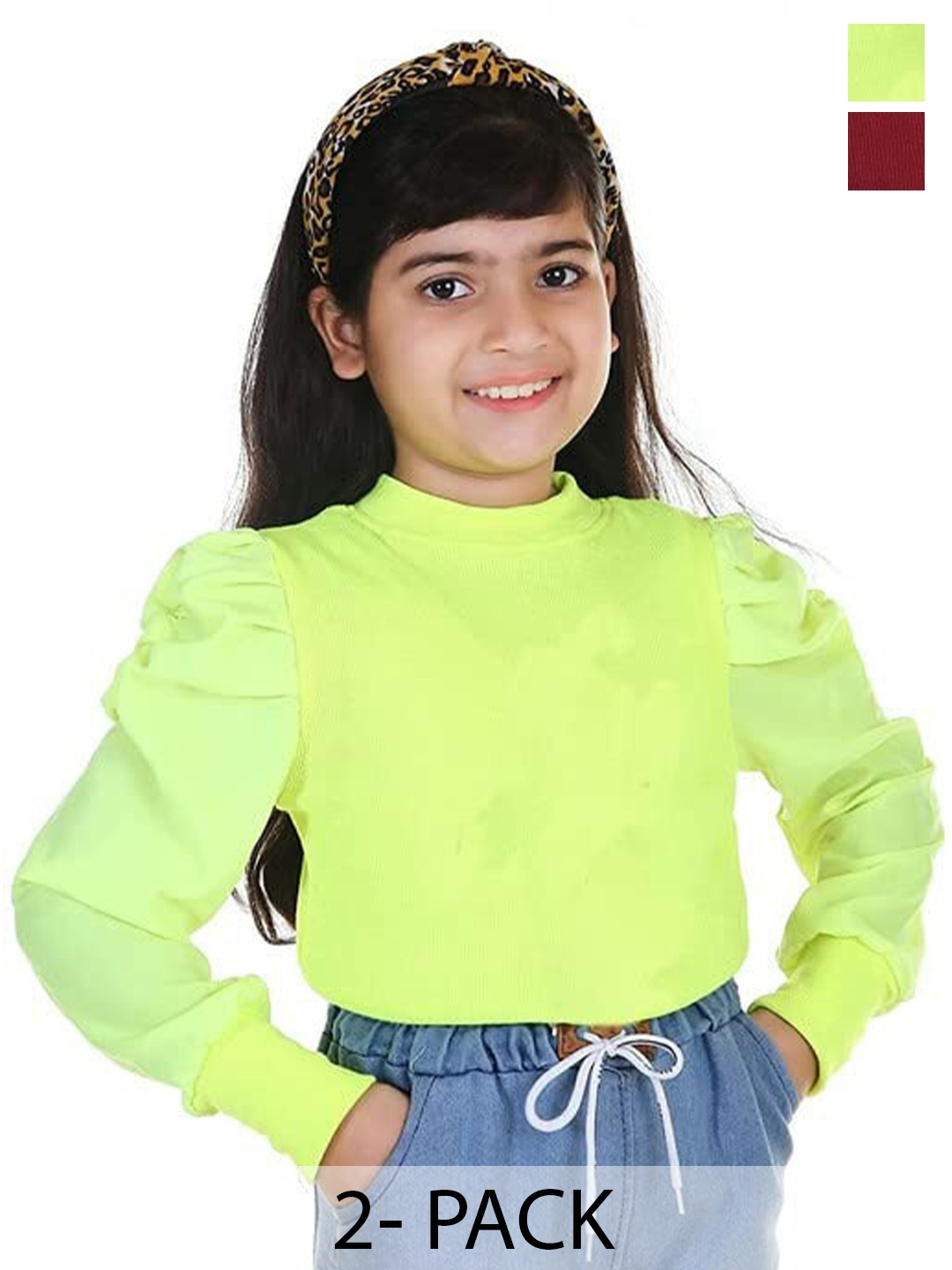 

BAESD Girls Pack Of 2 Vertical Striped Puff Sleeves Tops, Green