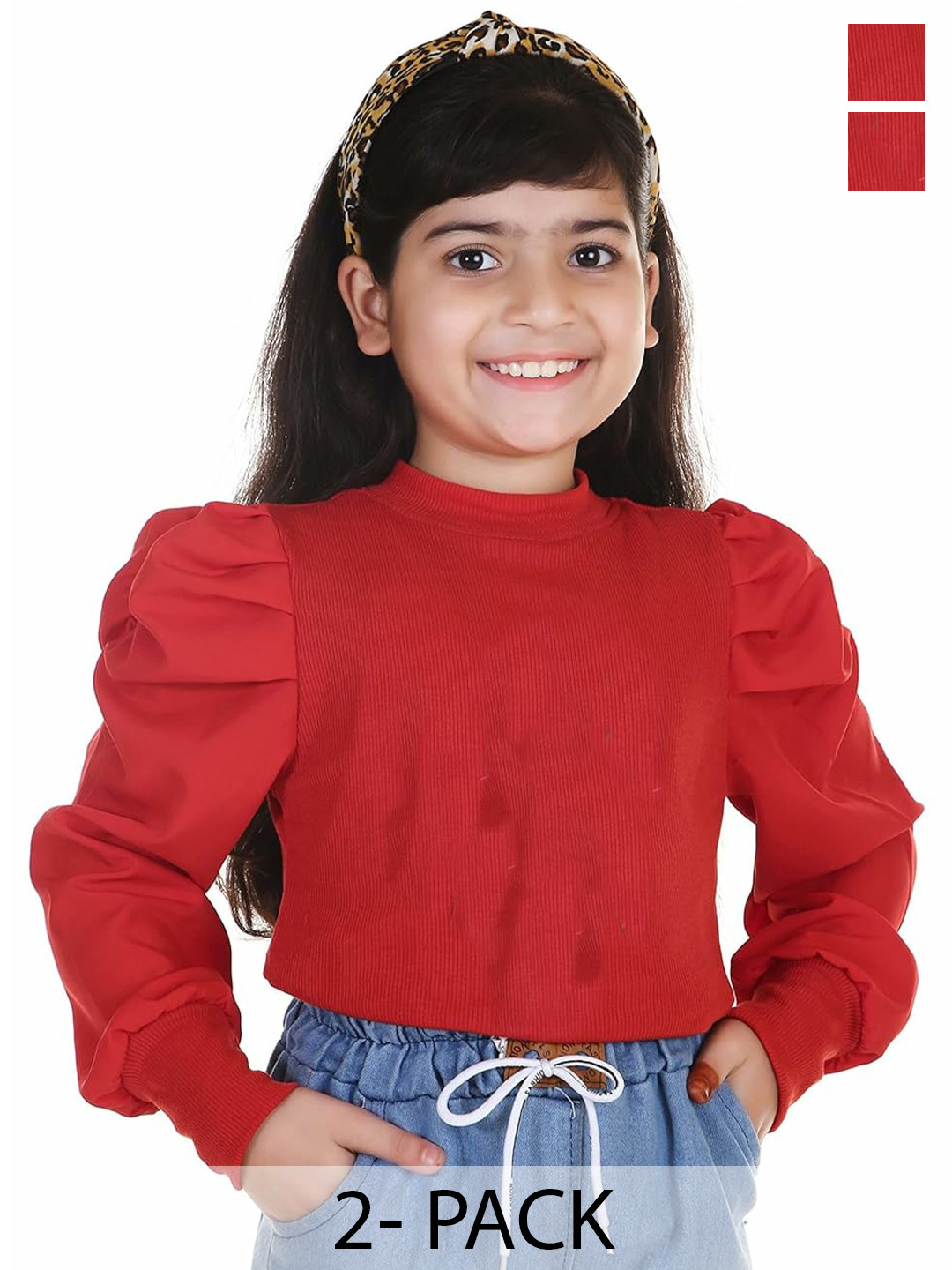 

BAESD Girls Pack Of 2 Cuffed Sleeves High Neck Cotton Top, Red