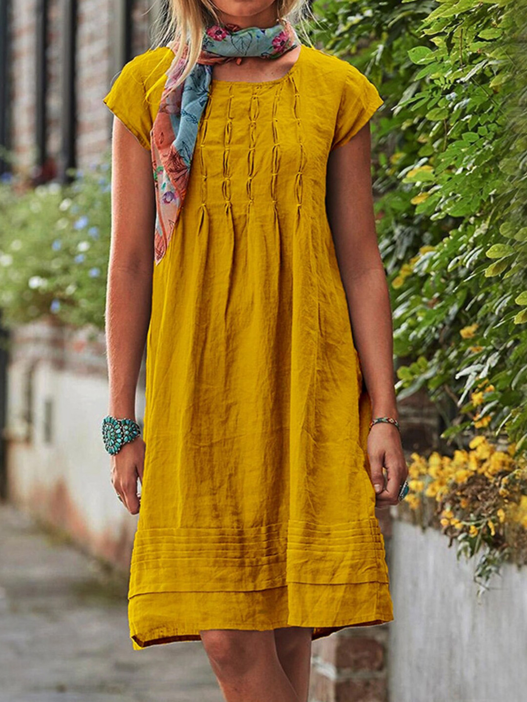 

Stylecast X KPOP Self Desing Round Neck Cotton A-Line Dress, Yellow