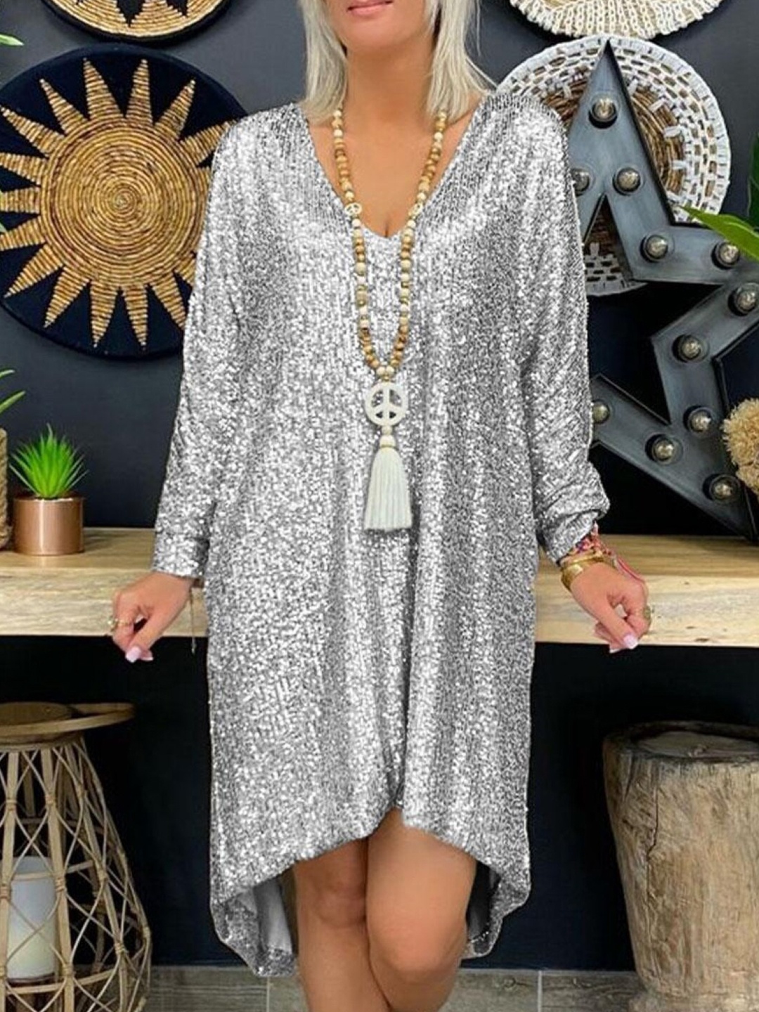 

Stylecast X KPOP Grey Floral Printed V-Neck A-Line Dress