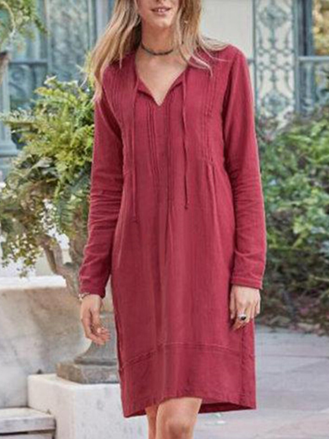 

Stylecast X KPOP Tie-Up Neck Cotton Long Sleeves A-Line Dress, Red